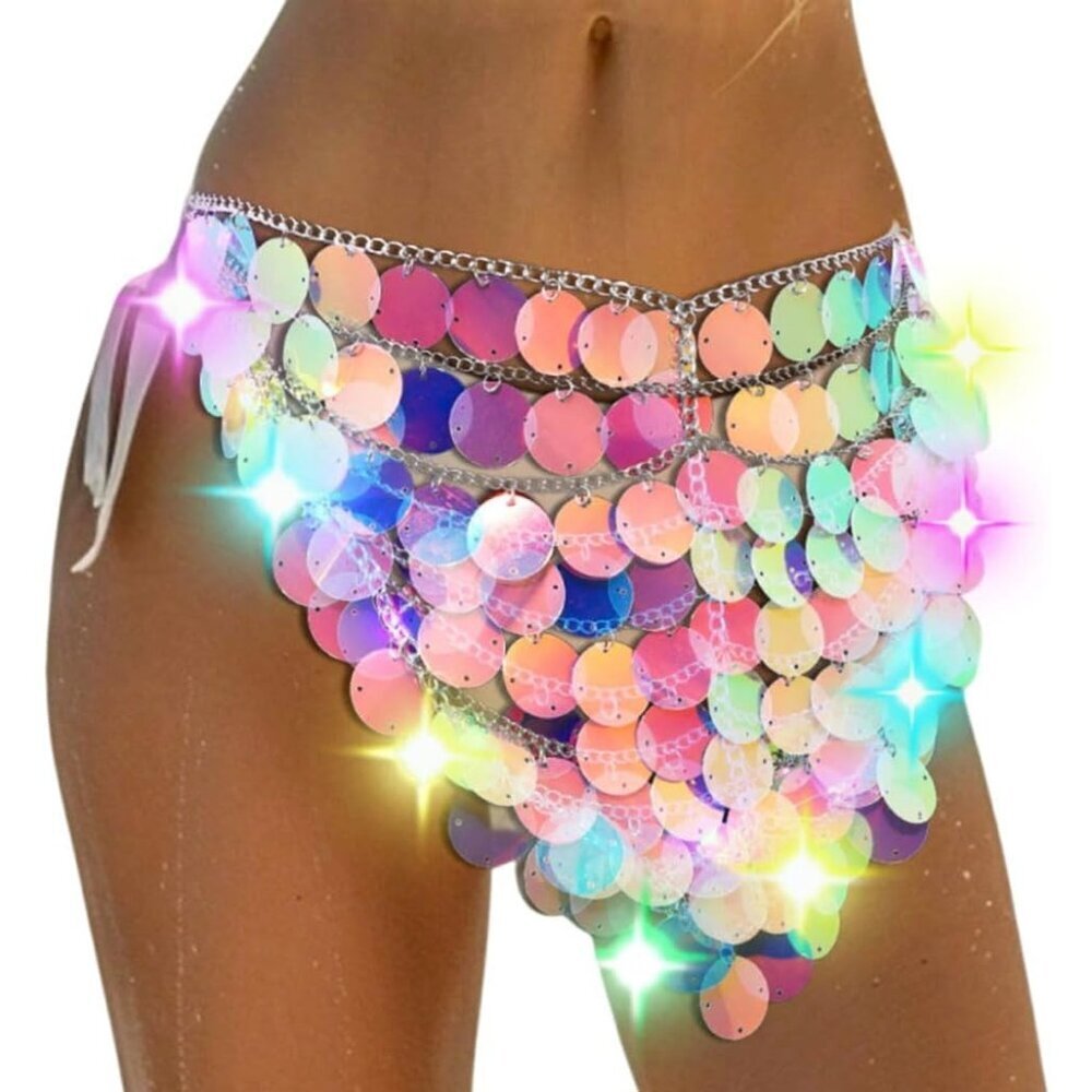Sequin Chain Skirt Light Up Rave Outfit Sparkly Festival Body Accessories Women